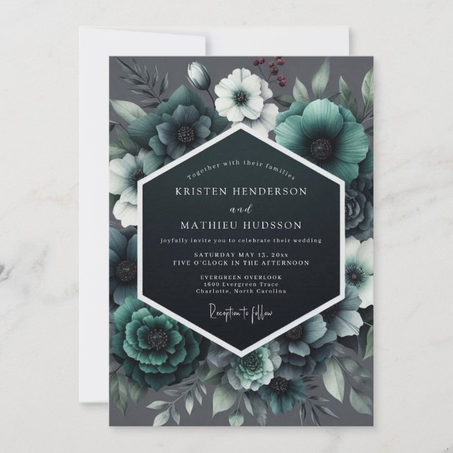Convite Teal Noir Anemone Wedding (Frente)