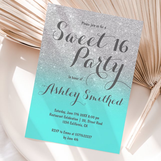 Convite Teal ombre, cor verde-prateada moderna Sweet 16 (Criador carregado)