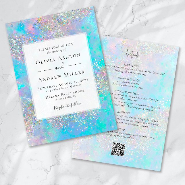 Convite Teal Opal Stone Glitter Tudo em Um Casamento QR (Criador carregado)