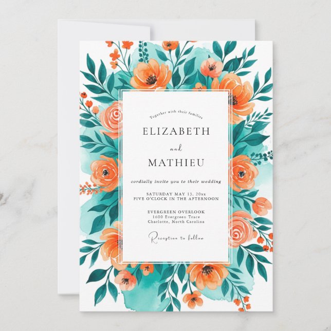 Convite Teal Orange Blissful Summer Wedding (Frente)