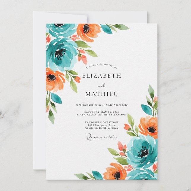 Convite Teal Orange Brilliant Summer Wedding (Frente)