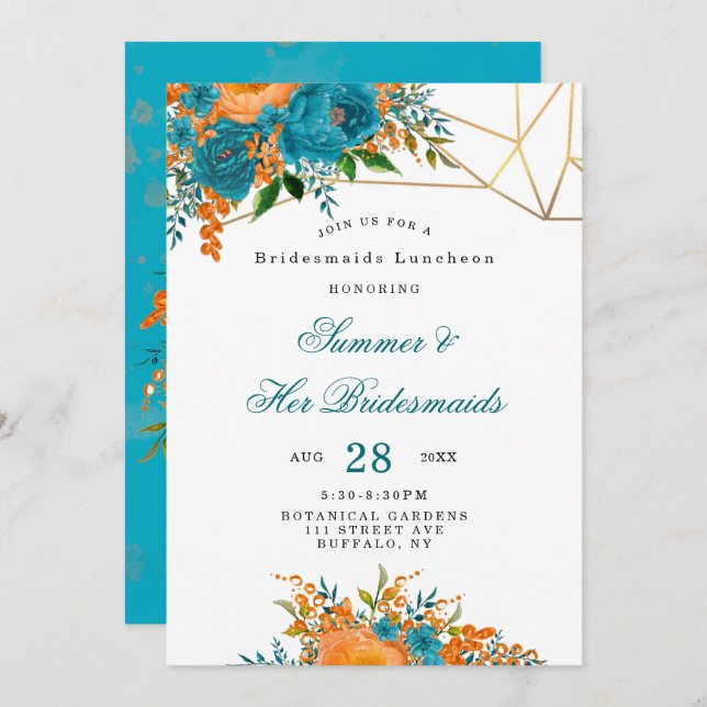 Convite Teal Orange Dourada Floral Bridesmaids Luncheid (Frente/Verso)