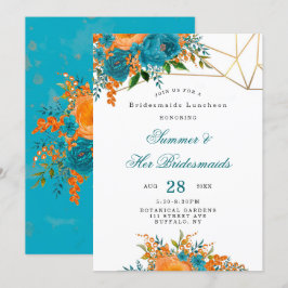 Convite Teal Orange Dourada Floral Bridesmaids Luncheid