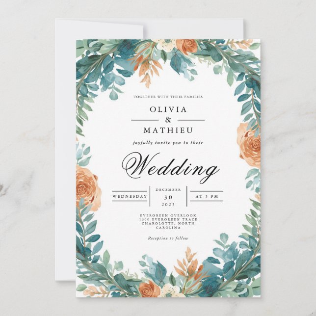 Convite Teal Orange Floral Wreath Wedding (Frente)