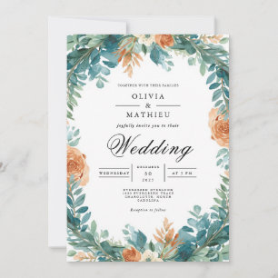 Convite Teal Orange Floral Wreath Wedding
