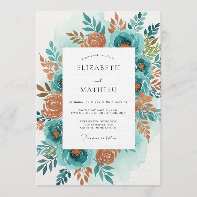Convite Teal Orange Painterly Bloom Wedding (Frente)