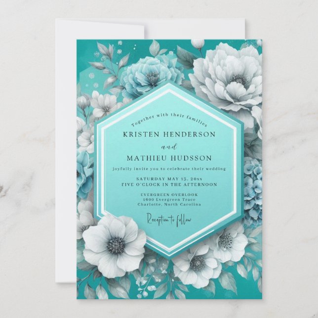 Convite Teal Painterly Anemone Wedding (Frente)