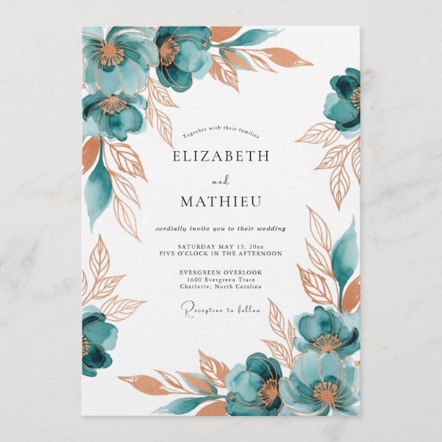 Convite Teal Painterly Floral Romance Wedding (Frente)