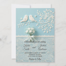 Convite Teal pálido com rendas românticas e casamentos de