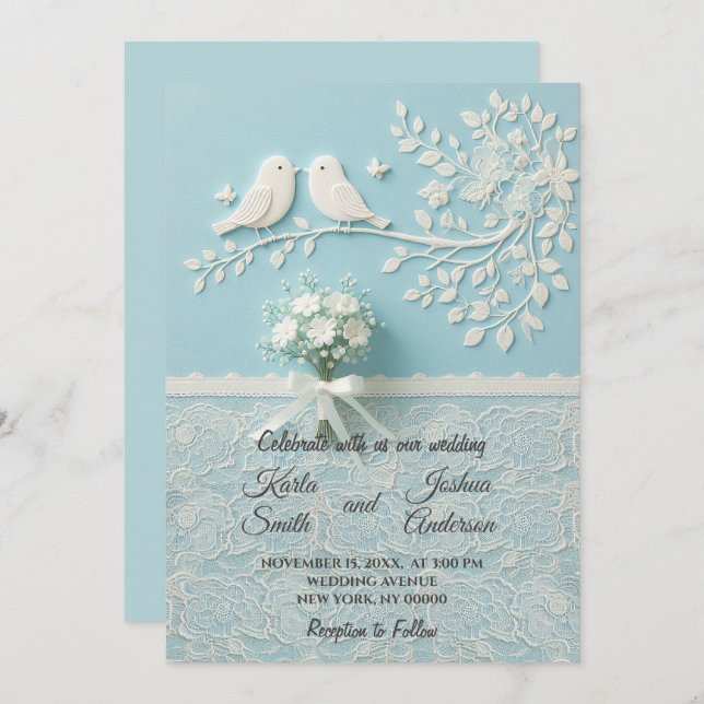 Convite Teal pálido com rendas românticas e casamentos de  (Frente/Verso)