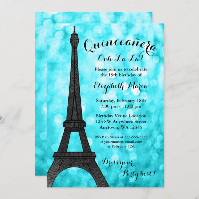 Convite Teal Paris Bokeh Glitter Luzes Quinceañera (Frente/Verso)