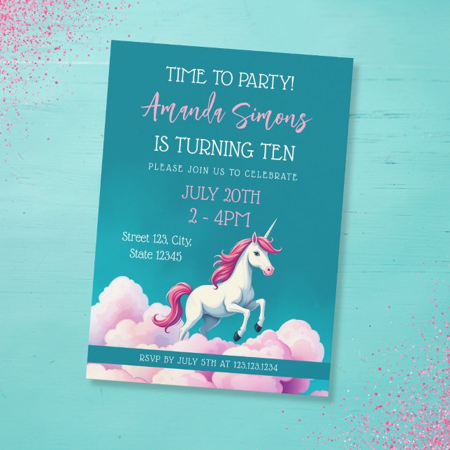 Convite Teal Pastel Clouds Unicorn Girl 10th Birthday (Criador carregado)