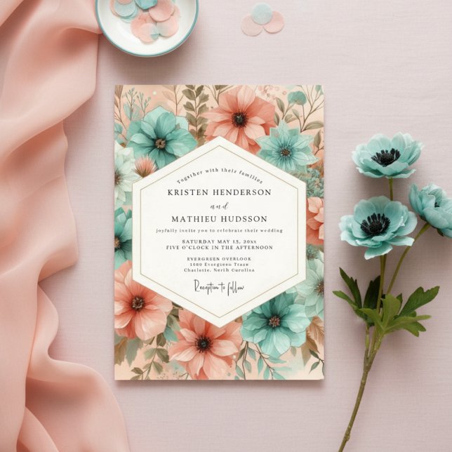 Convite Teal Peach Floral Ethereal Wedding (Criador carregado)