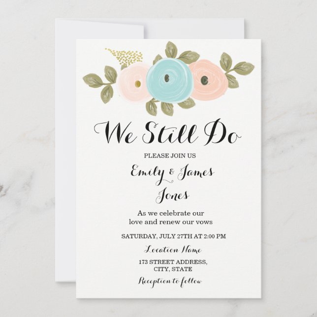 Convite Teal Peach Floral Wedding Anniversário Vow Renewal (Frente)