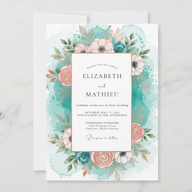 Convite Teal Peach Graceful Coastal Wedding (Frente)