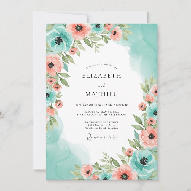 Convite Teal Peach Heavenly Spring Wedding (Frente)