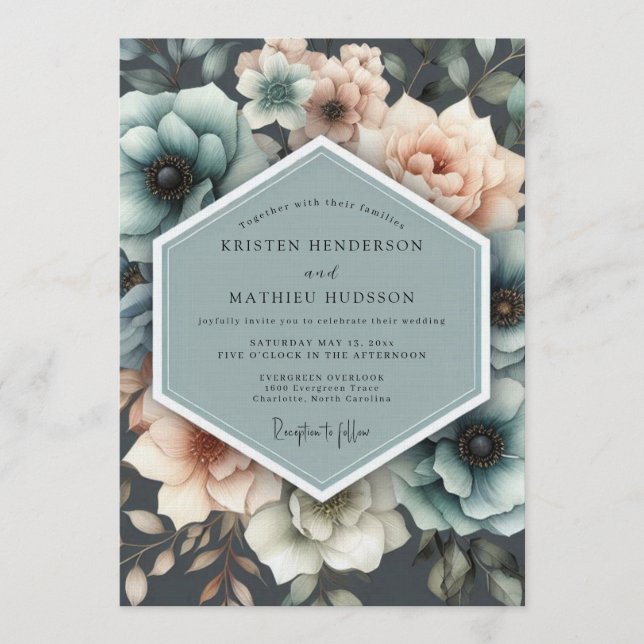 Convite Teal & Peach Painterly Bloom Wedding (Frente)