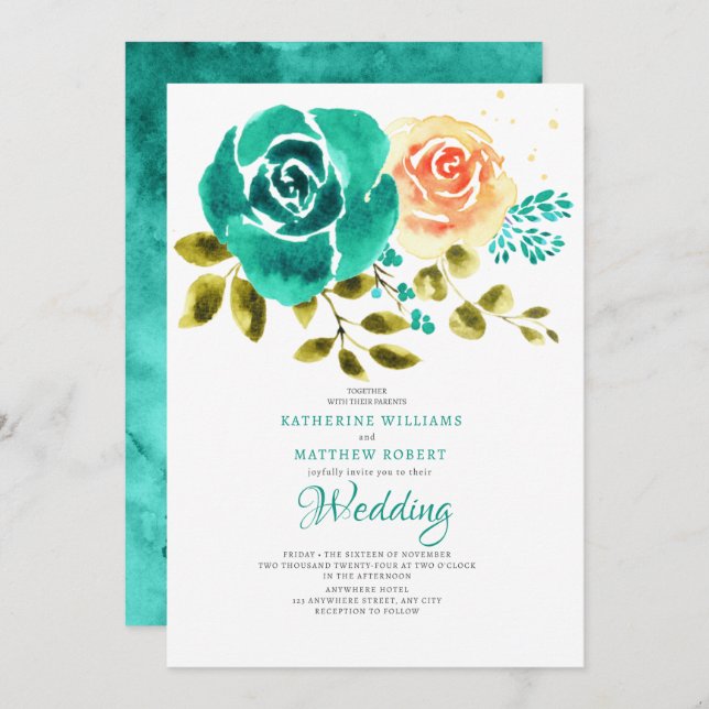 Convite Teal Peach Rosa Floral Wedding (Frente/Verso)