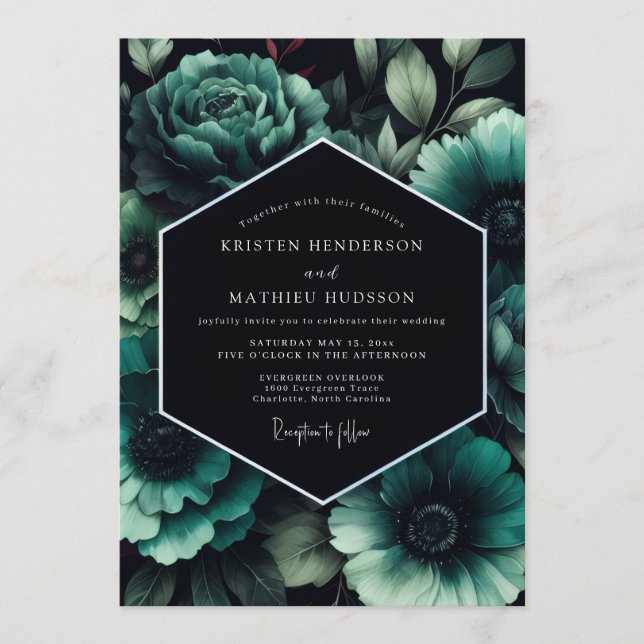 Convite Teal Penumbral Bloom Wedding (Frente)