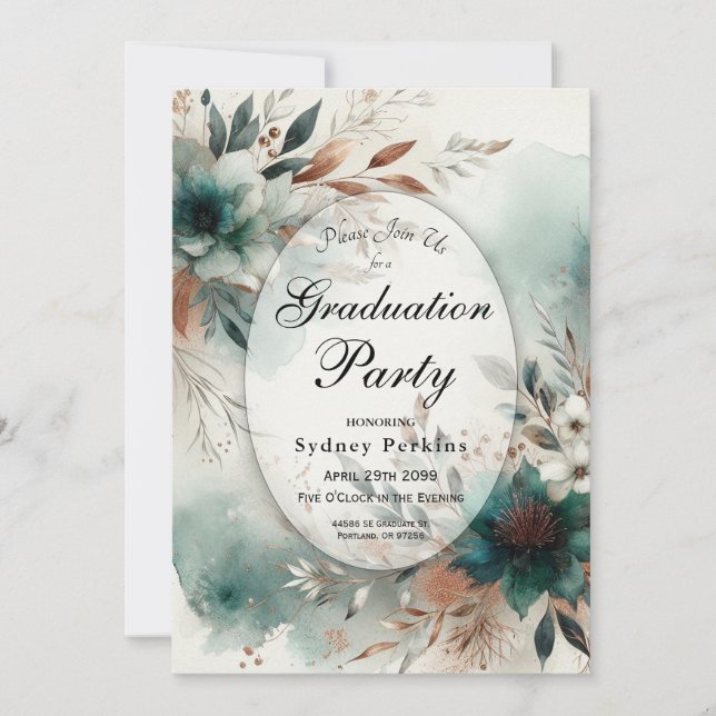 Convite Teal Petals in Bronze Bloom Graduation Party (Frente)