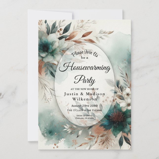 Convite Teal Petals in Bronze Bloom Housewarming Party (Frente)