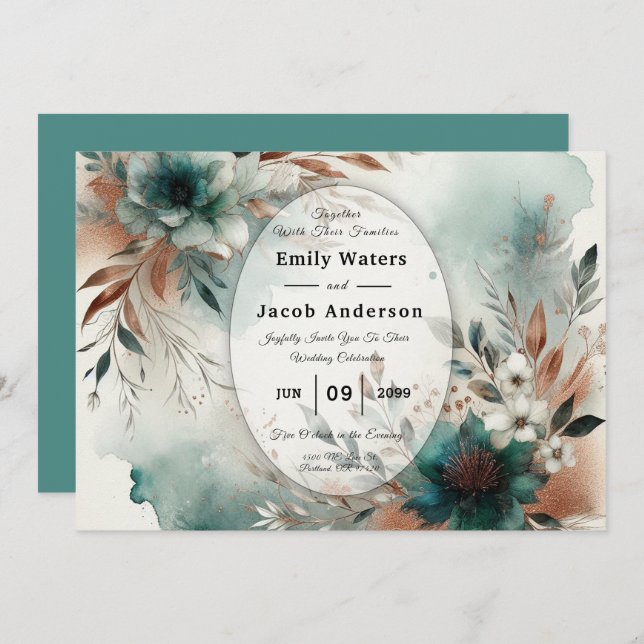 Convite Teal Petals in Bronze Bloom Wedding (Frente/Verso)
