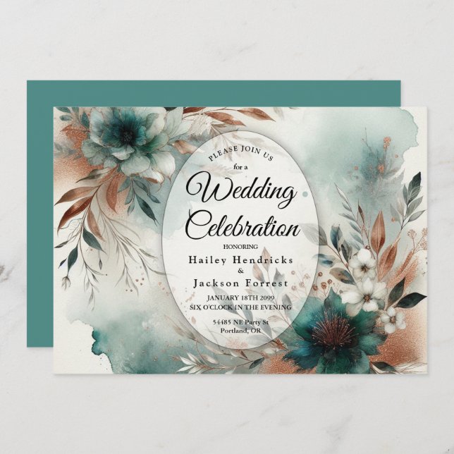 Convite Teal Petals in Bronze Bloom Wedding (Frente/Verso)
