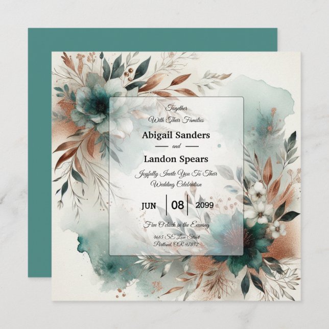 Convite Teal Petals in Bronze Bloom Wedding (Frente/Verso)