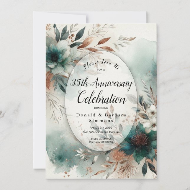 Convite Teal Petals no Bronze Bloomment Party (Frente)