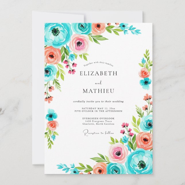 Convite Teal Pink Floral Romance Wedding (Frente)