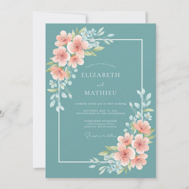 Convite Teal Poetic Blossom Wedding (Frente)