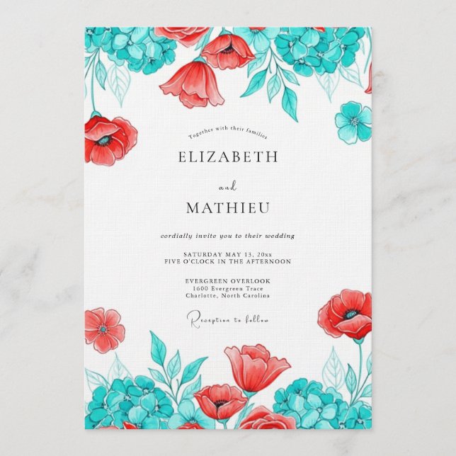 Convite Teal Poppy Bloom Botanical Wedding (Frente)