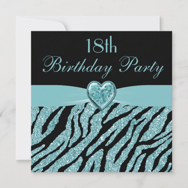 Convite Teal Printed Heart & Zebra Glitter 18º Aniversário (Frente)