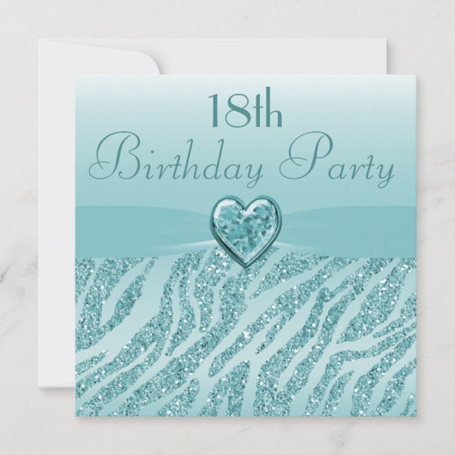 Convite Teal Printed Heart & Zebra Glitter 18º Aniversário (Frente)