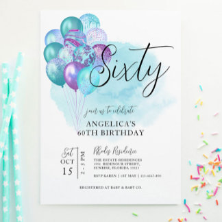 Convite Teal Purple Balloons 60th Birthday Invitation