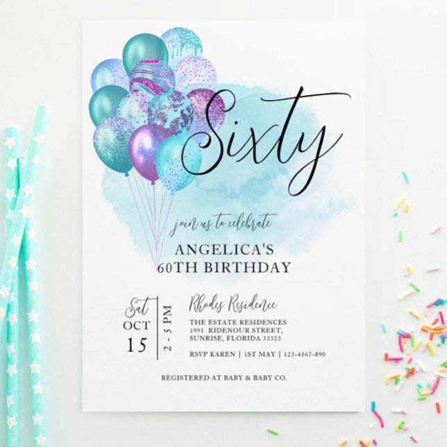 Convite Teal Purple Balloons 60th Birthday Invitation (Criador carregado)