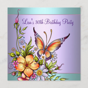 Convite Teal Purple Butterfly aniversário de 30 anos
