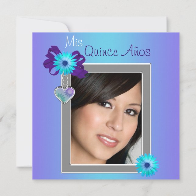 Convite Teal Purple Daisy Photo Quinceanera (Frente)