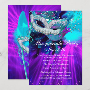 Convite Teal Purple Feather Mask Mascarada