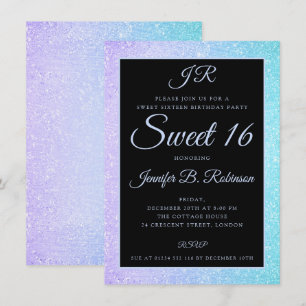 Convite Teal Purple Glitter Doce 16 Monograma de Aniversár