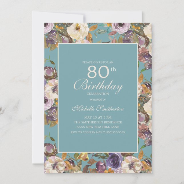 Convite Teal Purple Mustard Ivory Floral 80 Aniversário (Frente)