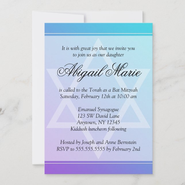 Convite Teal Purple Star de David Bat Mitzvah (Frente)