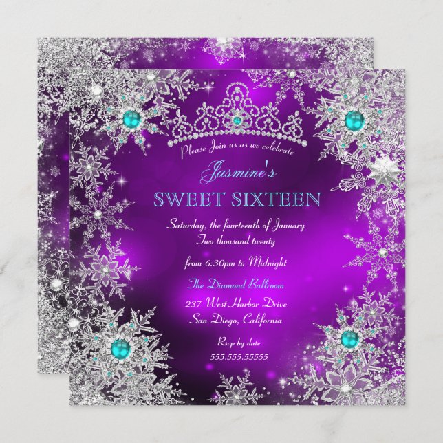 Convite Teal Purple Winter Wonderland Sweet 16 Snowflake (Frente/Verso)