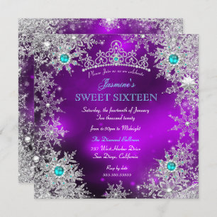 Convite Teal Purple Winter Wonderland Sweet 16 Snowflake