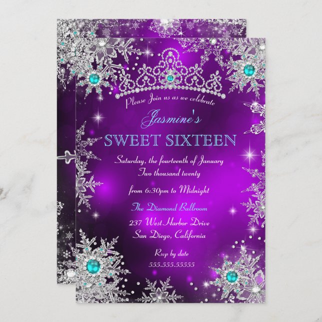 Convite Teal Purple Winter Wonderland Sweet 16 Snowflakes (Frente/Verso)