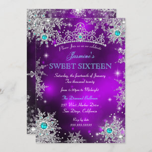 Convite Teal Purple Winter Wonderland Sweet 16 Snowflakes