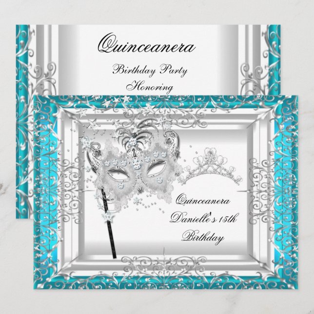 Convite Teal Quinceanera 15 Birthday Tiara Mascarada (Frente/Verso)