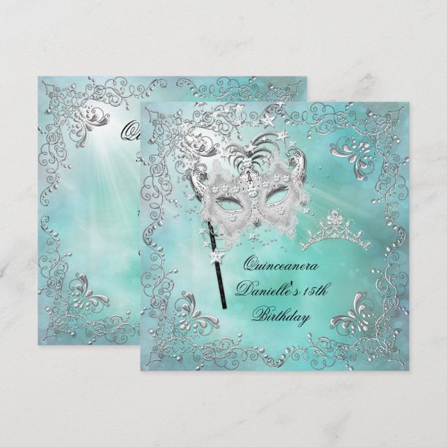 Convite Teal Quinceanera 15 Birthday Tiara Mascarada (Frente/Verso)
