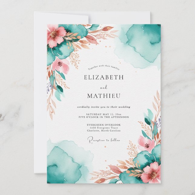 Convite Teal Resplendent Watercolor Wedding (Frente)