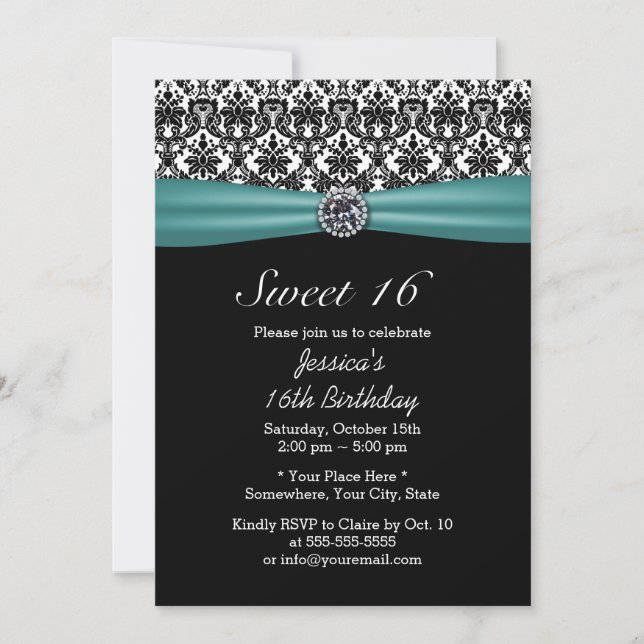 Convite Teal Ribbon & Damask Chic Diamond Sweet 16 (Frente)